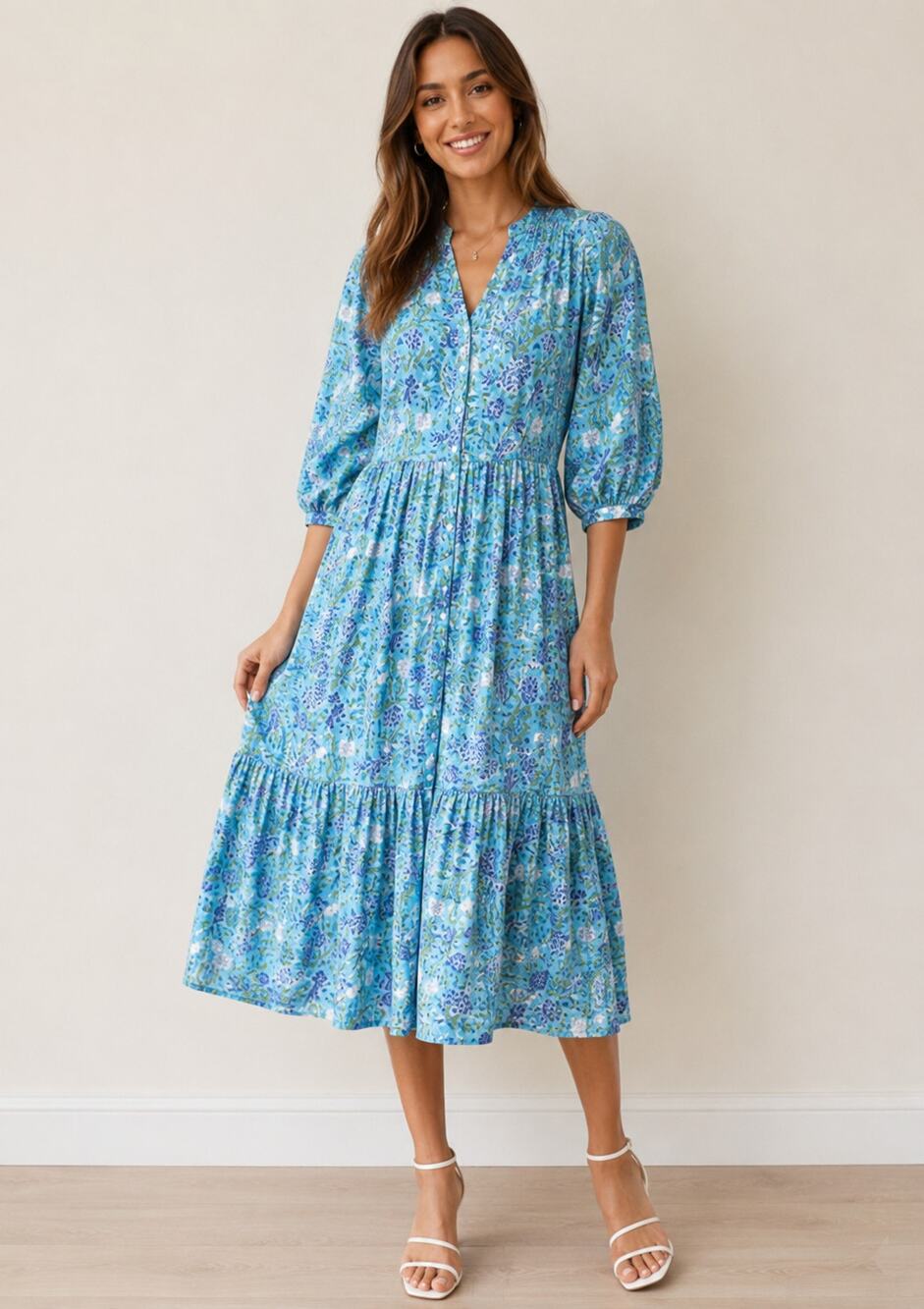 Hampton House Garden Print Button Down Midi Cotton Dress Blue Size Medium